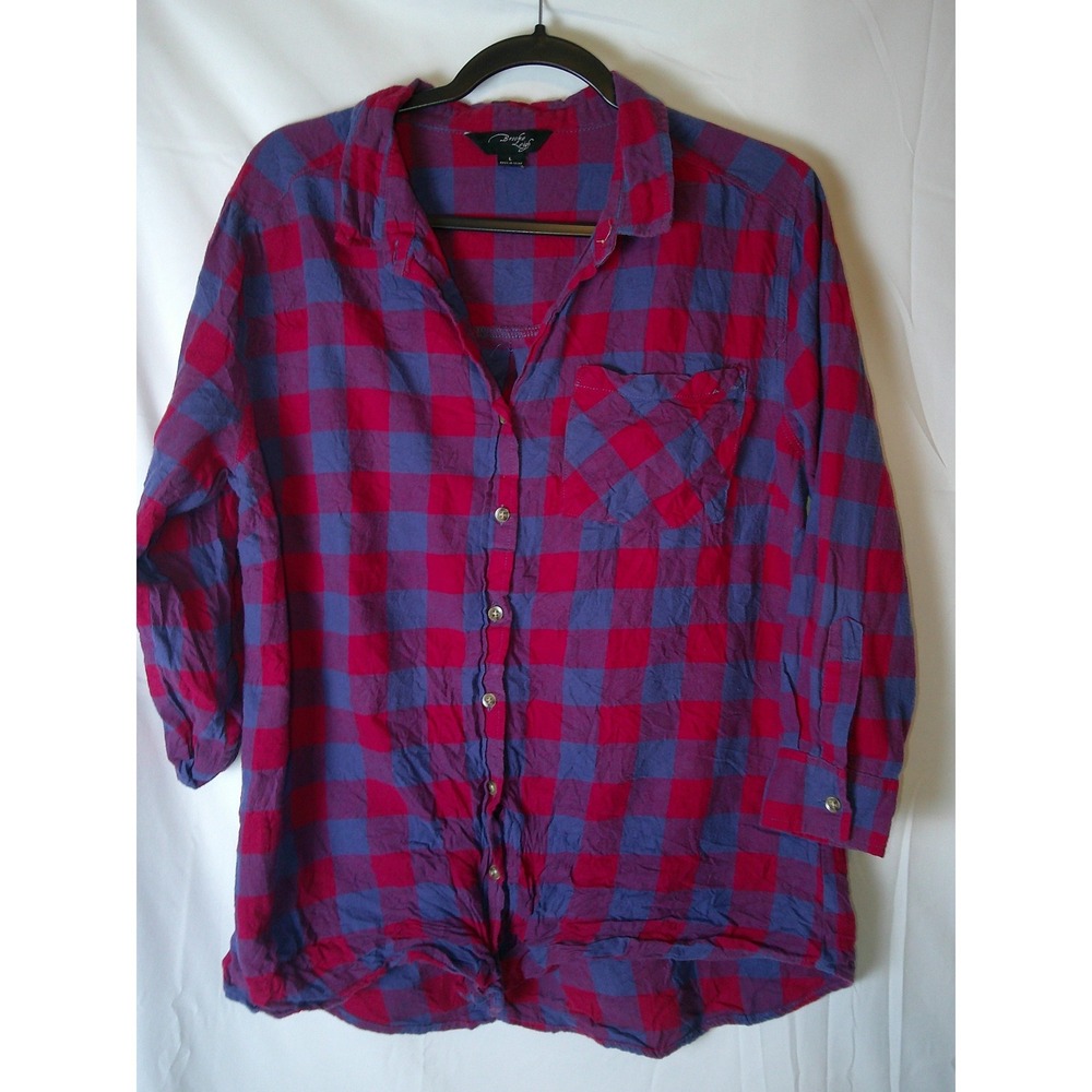 Brooke Leigh Plaid Flannel Button Down‎ Shirt Women's Large Red Blue Long Sleeve